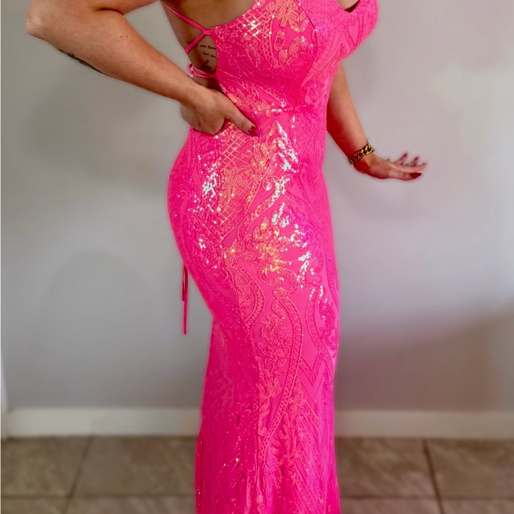 Hot Pink Sequin Lace Evening/Prom Gown